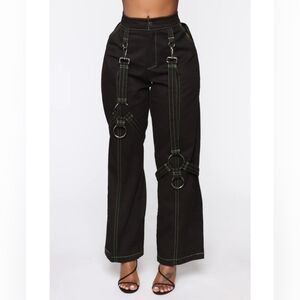 Fashion Nova On Lock Down Goth - Punk Wide Leg Pants - Black/Green Stitching - S